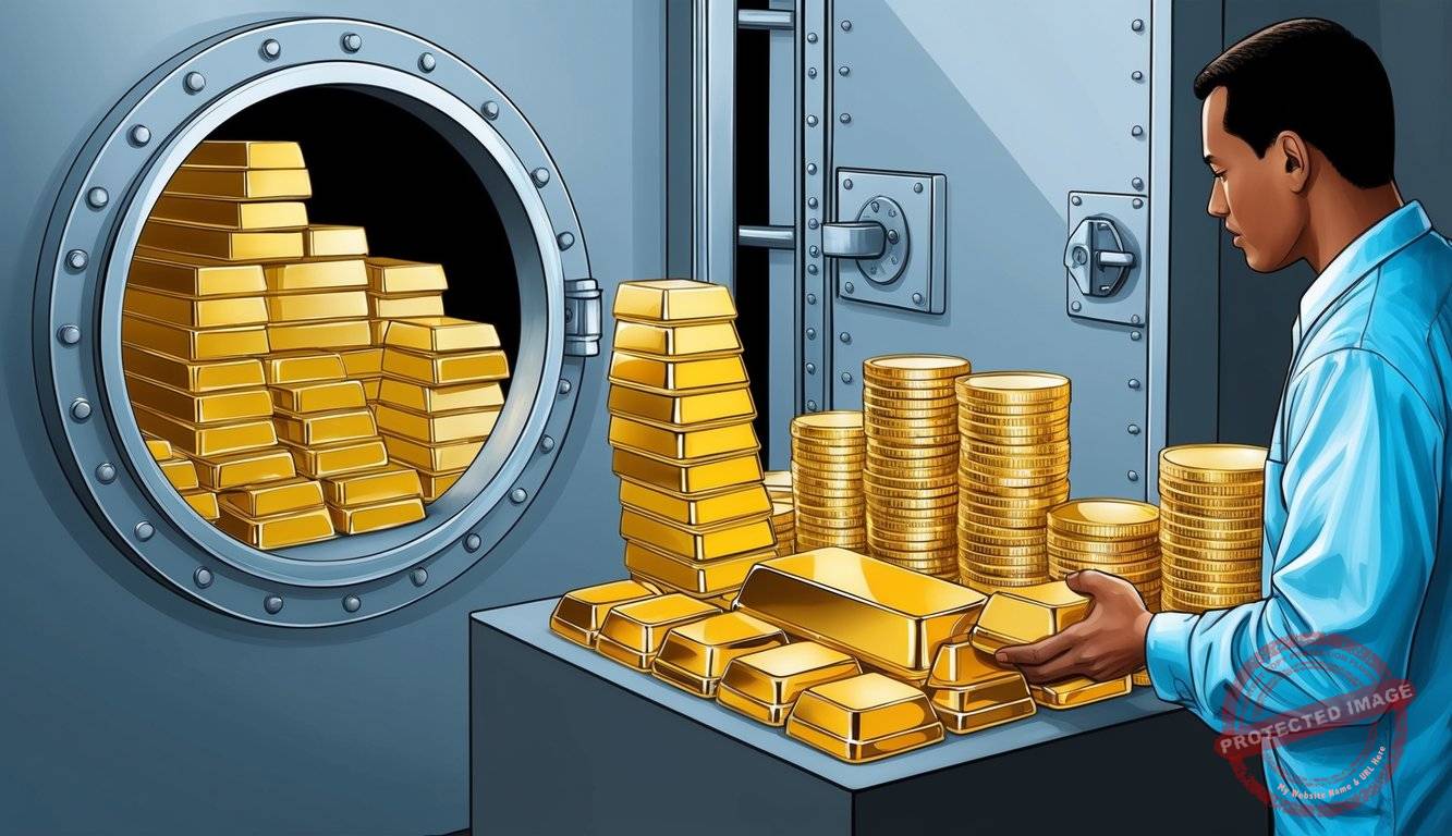 A person carefully arranging gold coins and bars into a secure vault, with a professional custodian overseeing the process