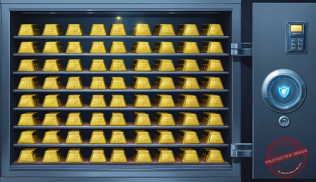 A secure vault with rows of gold bars and a sophisticated security system