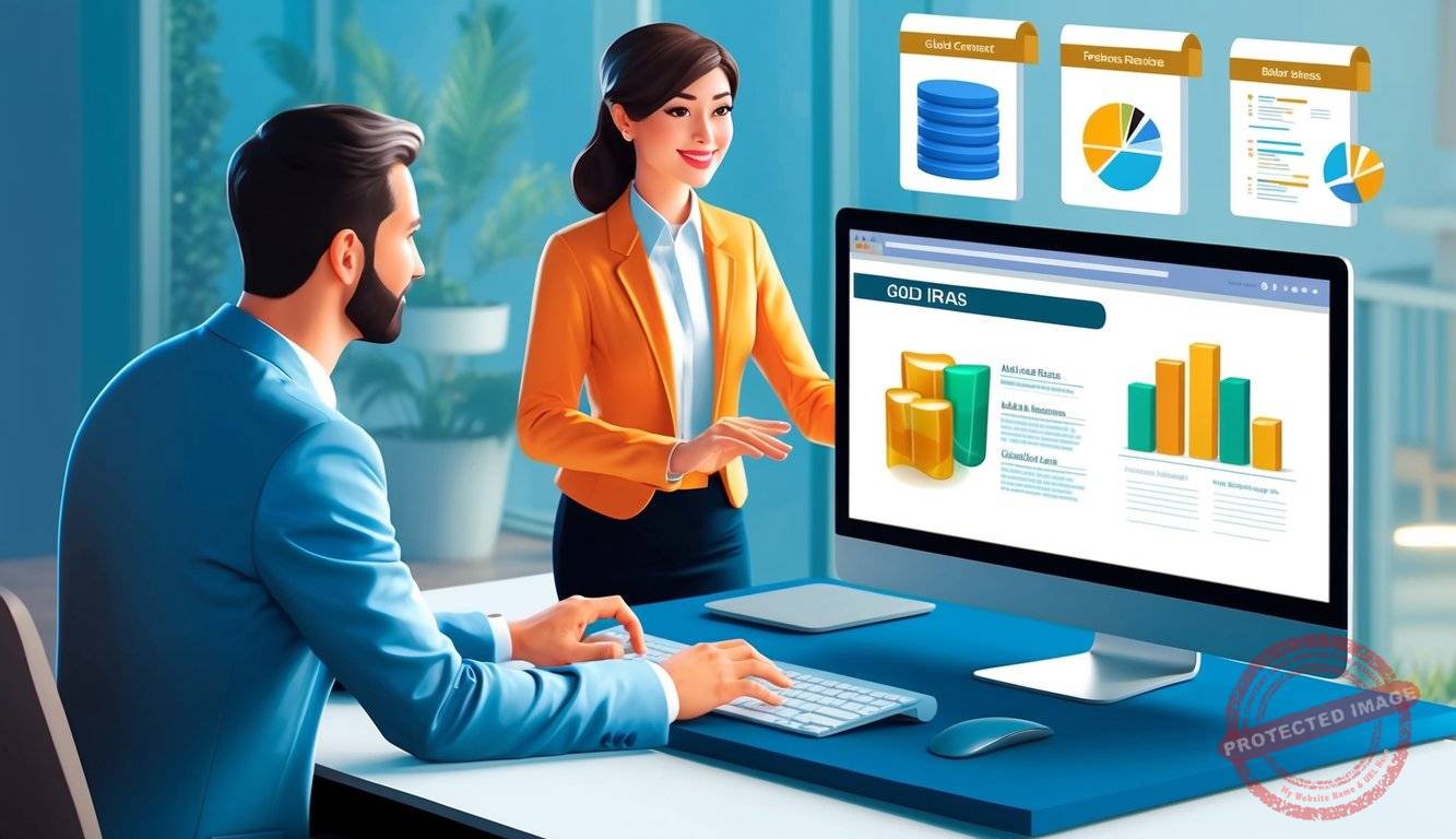 A customer support representative assists a client while educational resources on gold IRAs are displayed on a computer screen