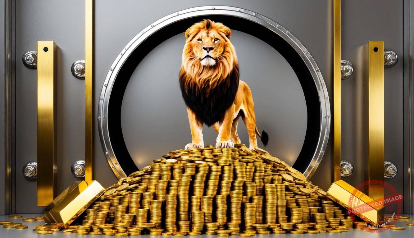 A regal lion standing proudly atop a mound of gold coins, surrounded by shining gold bars and a vault door