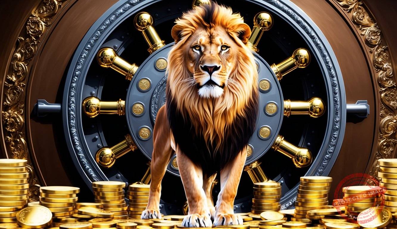 A regal lion standing proudly in front of a grand, ornate vault filled with gleaming gold bars and coins