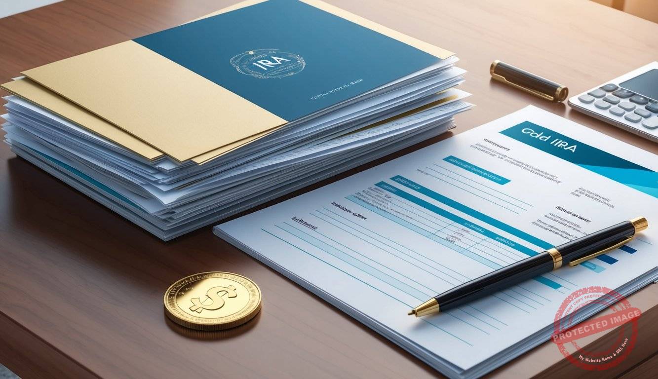 A serene and elegant office desk with a stack of financial documents, a gold IRA brochure, and a shining gold coin