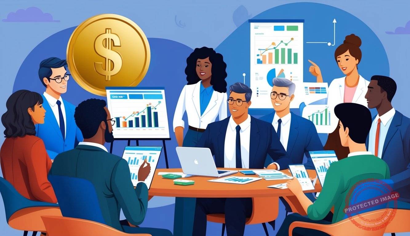 A diverse group of people discussing financial options with charts and graphs, a gold IRA symbol in the background