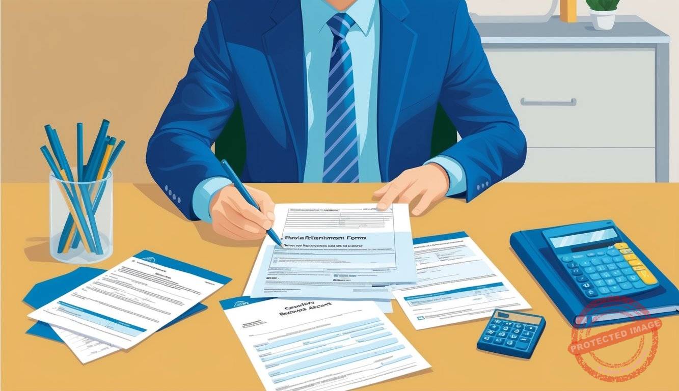 A person sitting at a desk, reviewing financial documents and filling out forms to rollover a 403(b) retirement account to a Gold IRA