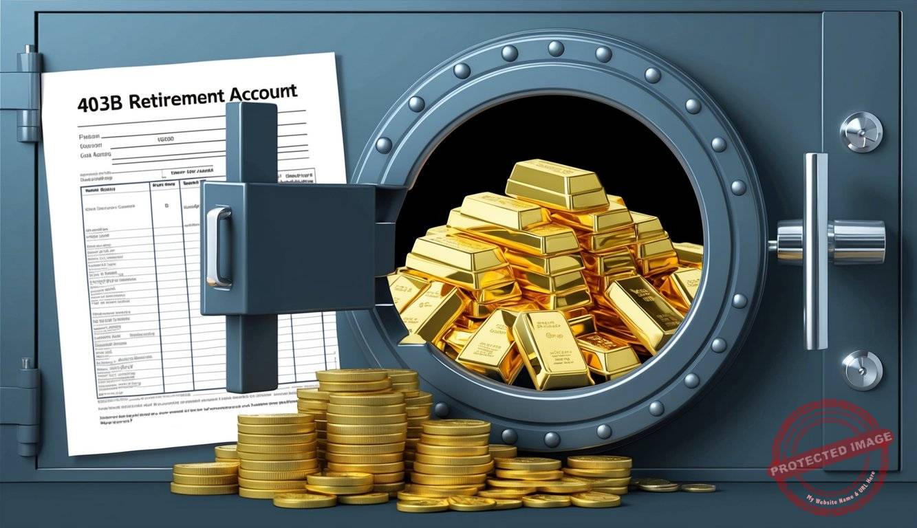 A secure vault door opening to reveal a pile of gold bars and coins, with a 403b retirement account document nearby