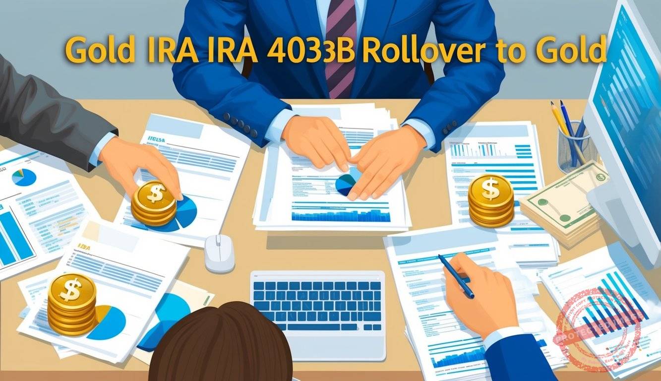 A person sitting at a desk, surrounded by financial documents and a computer, carefully managing and monitoring their Gold IRA 403b rollover to gold