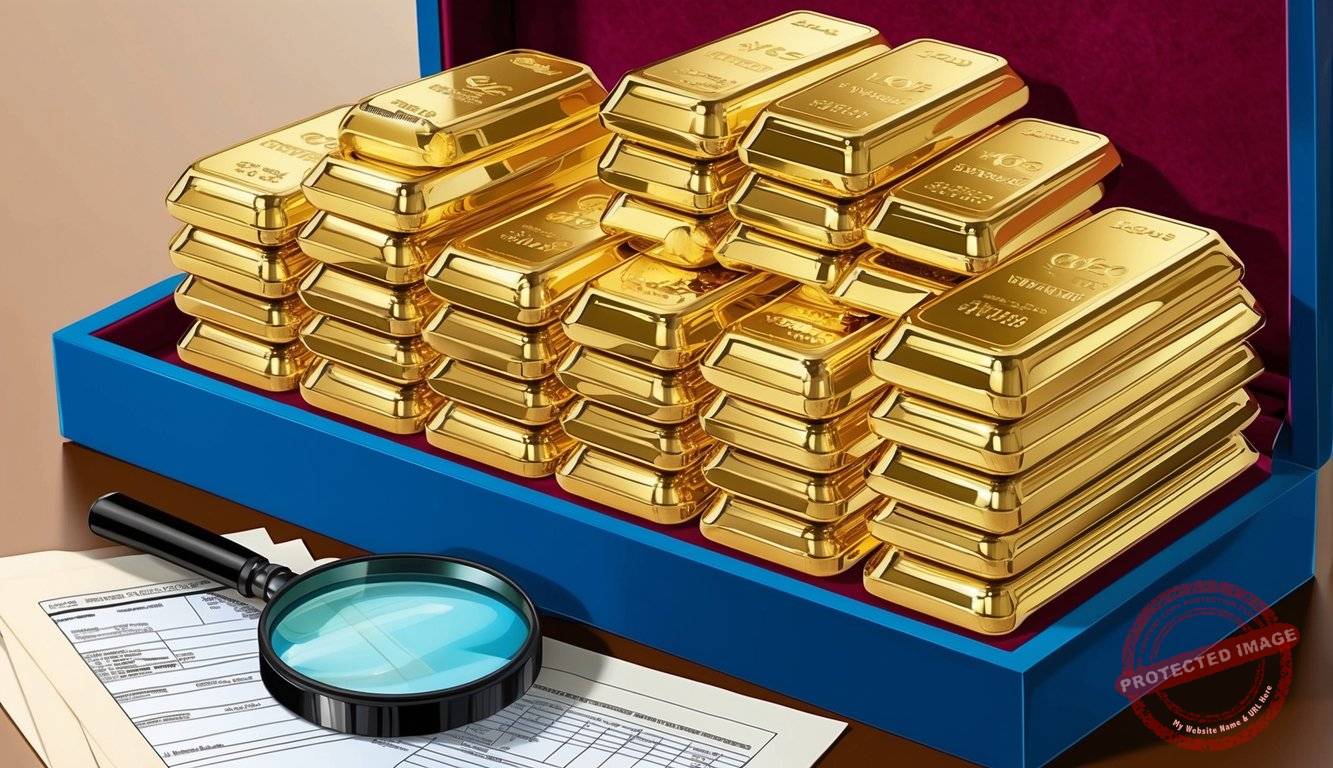 A stack of gold coins and bars arranged neatly on a velvet-lined display case. A magnifying glass and financial documents are scattered nearby
