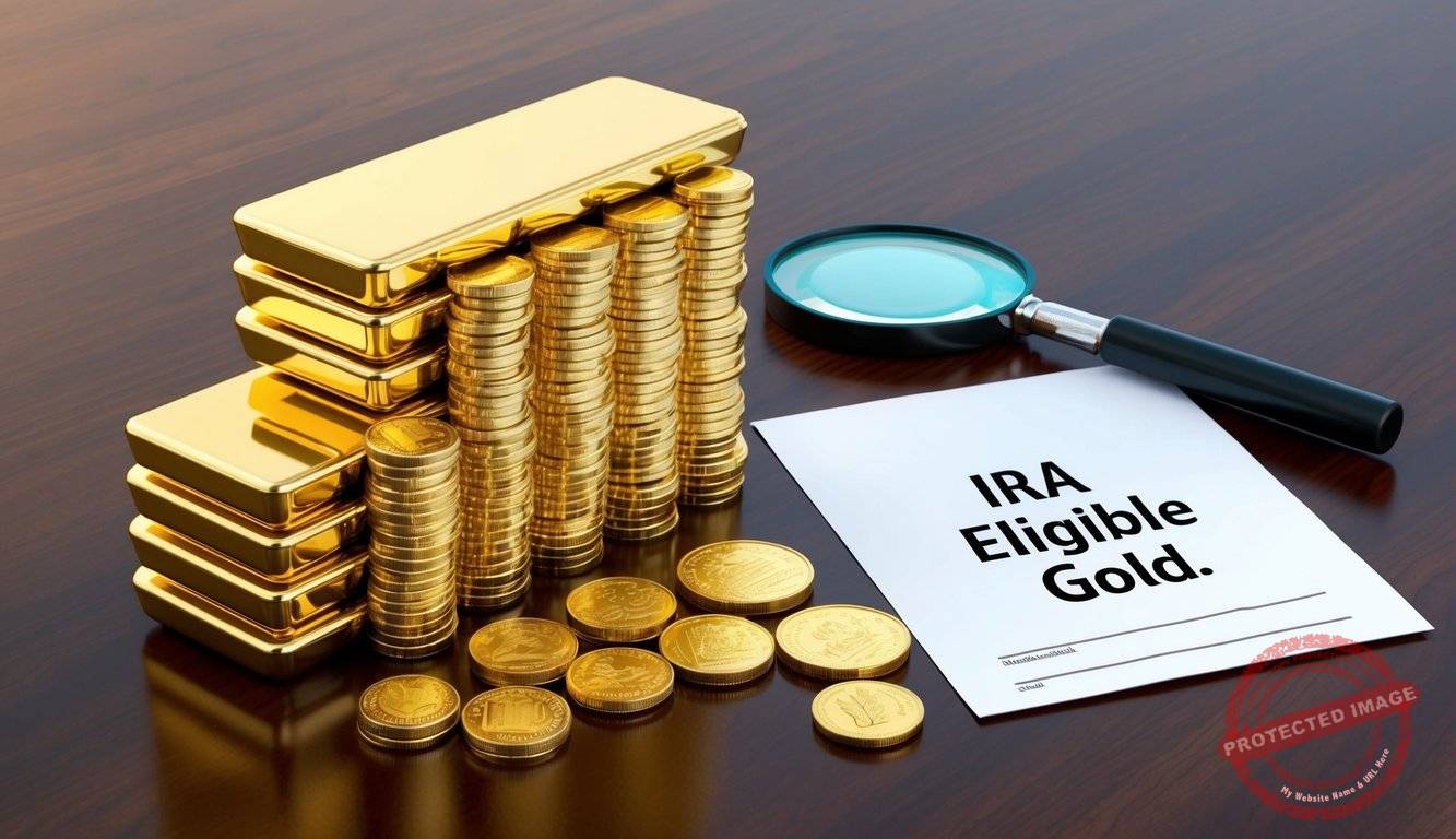 A stack of gold bars and coins arranged on a polished wooden surface, with a magnifying glass and a document labeled "IRA Eligible Gold."