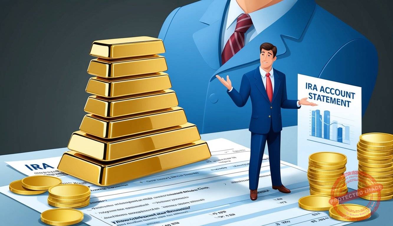 A stack of gold bars and coins displayed with an IRA account statement and a financial advisor explaining eligibility requirements