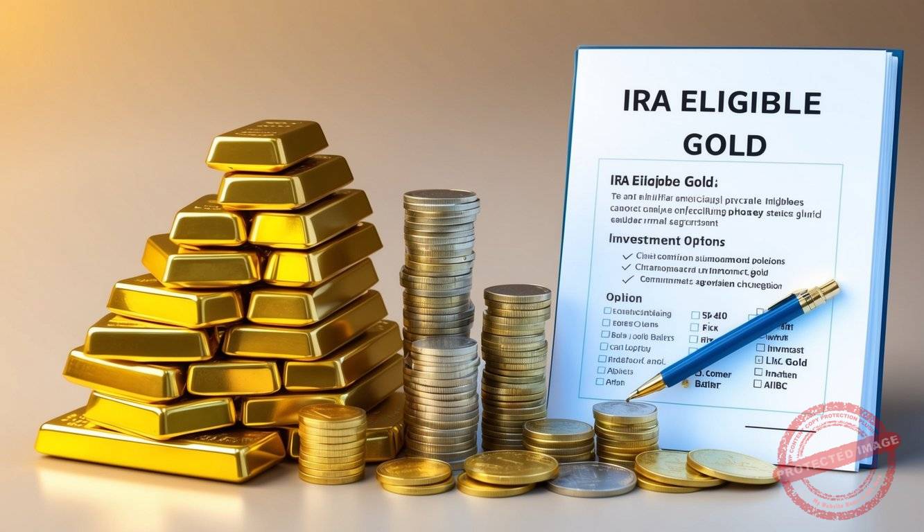 A stack of gold bars and coins arranged next to a document labeled "IRA Eligible Gold," with a variety of investment options displayed in the background