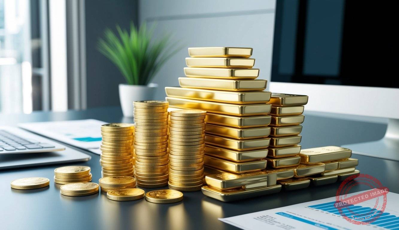 A stack of gold bars and coins arranged on a sleek, modern desk with a computer and financial documents nearby