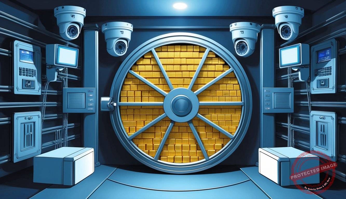 A secure vault filled with gold bars, surrounded by high-tech security measures such as cameras and alarms