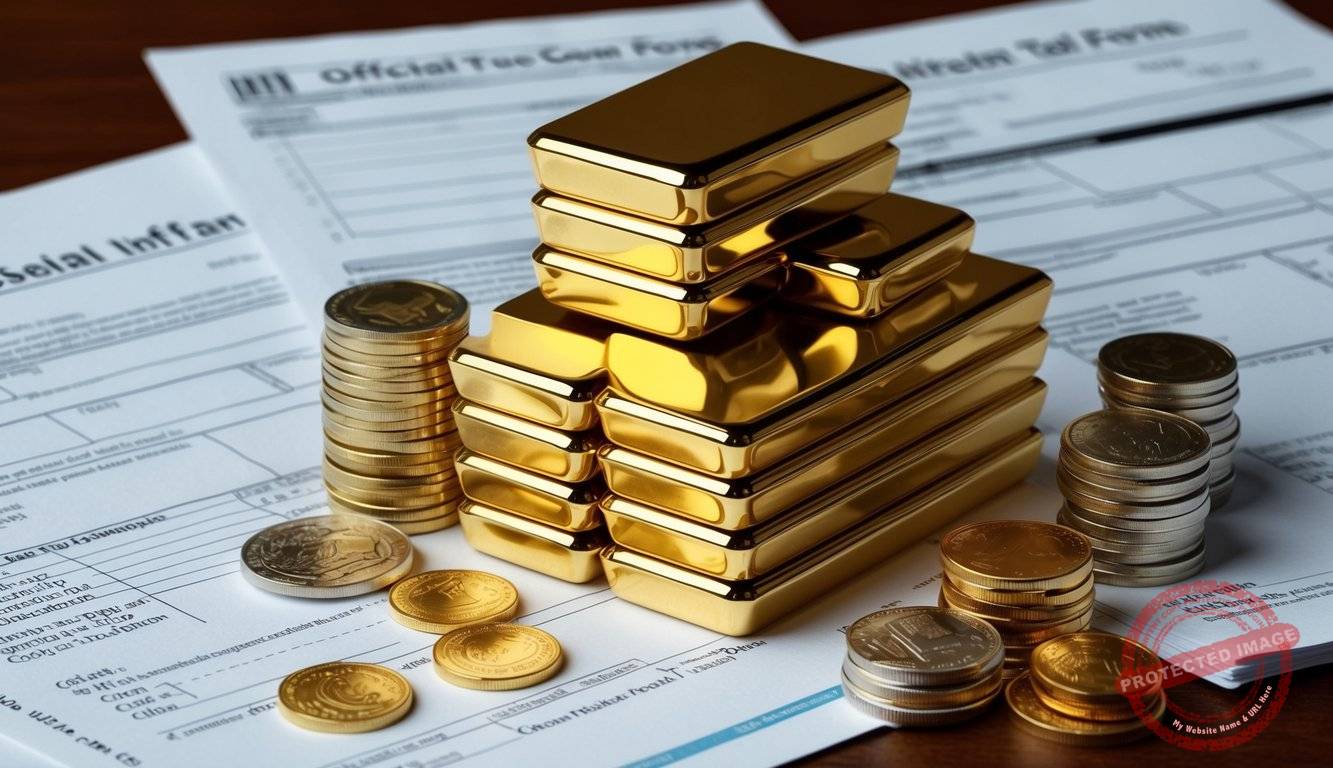 A stack of gold bars and coins surrounded by official documents and tax forms