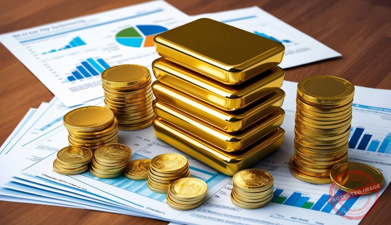 A stack of gold bars and coins surrounded by financial documents and charts