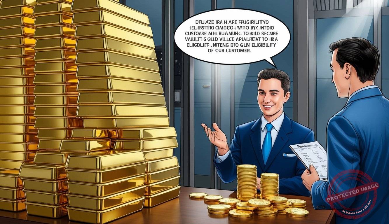 A stack of gold bars and coins displayed in a secure vault, with a dealer explaining IRA eligibility to a customer