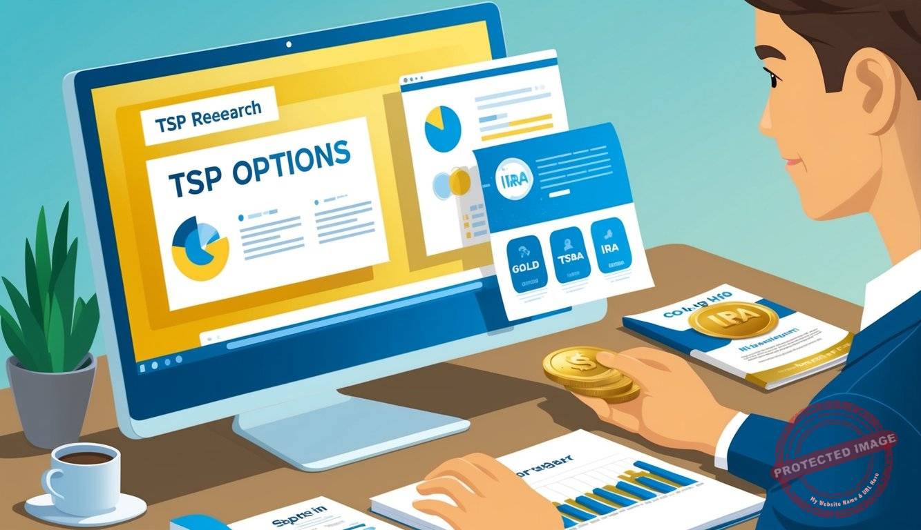 A person researching TSP options, with a computer displaying TSP information and a gold IRA brochure on the desk