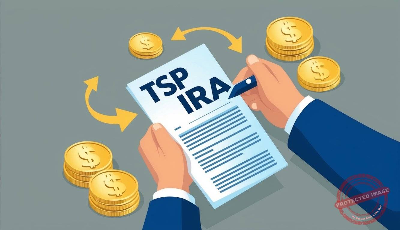 A hand holding a TSP statement, surrounded by gold coins and a symbol of an IRA, with arrows moving from TSP to Gold IRA