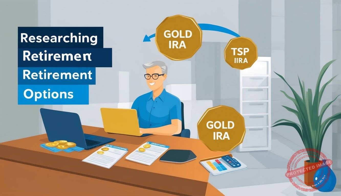 A person researching retirement options, comparing Gold IRAs and TSP to Gold IRA