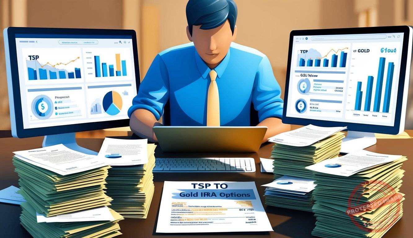 A person researching TSP to Gold IRA options, surrounded by stacks of paperwork and computer screens displaying financial information