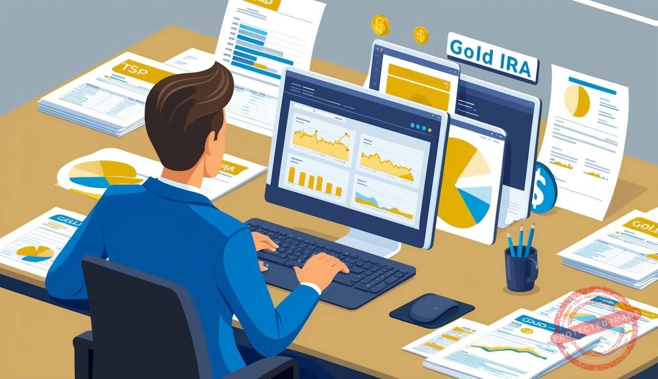 A person sitting at a desk, surrounded by financial documents and a computer, researching and managing their Gold IRA TSP to Gold IRA conversion