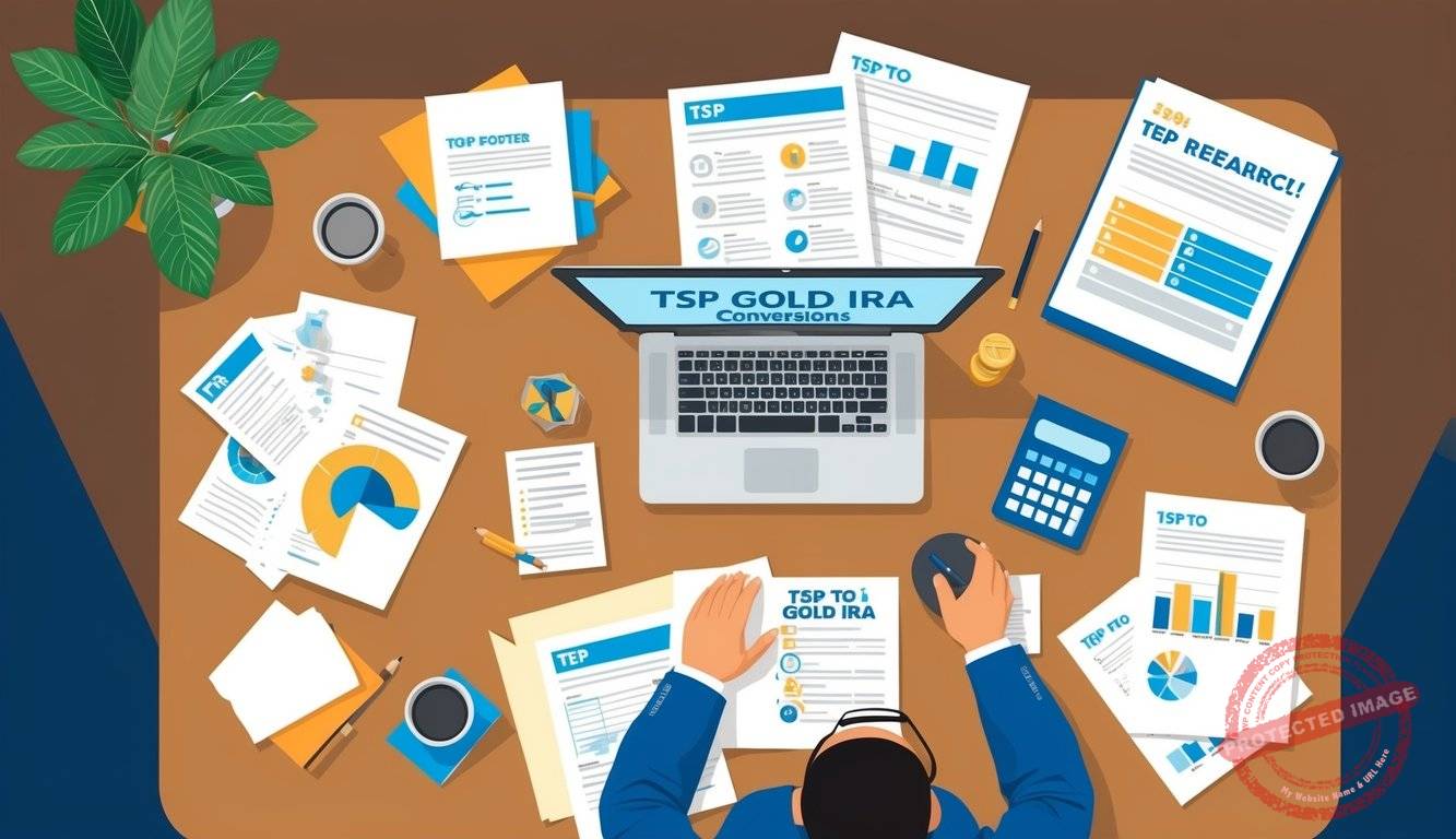A person sitting at a desk, surrounded by papers and a computer, researching TSP to Gold IRA conversions
