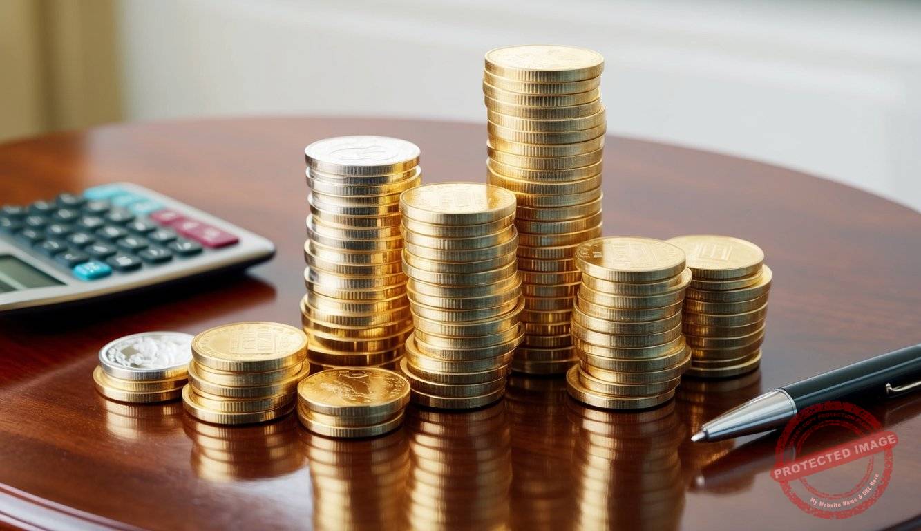A stack of gold coins and bars arranged on a polished wooden table, with a calculator and pen nearby