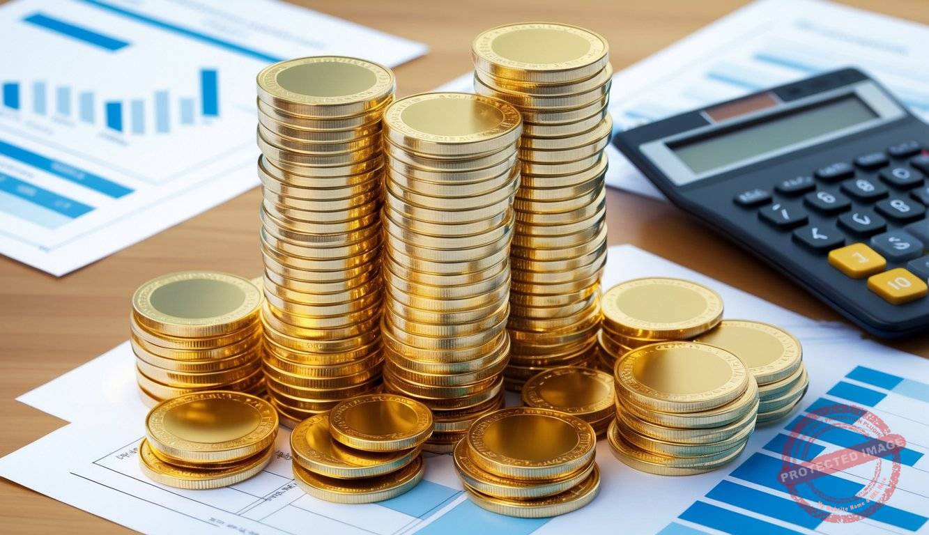A stack of gold coins and bars arranged on a table, surrounded by financial documents and a calculator