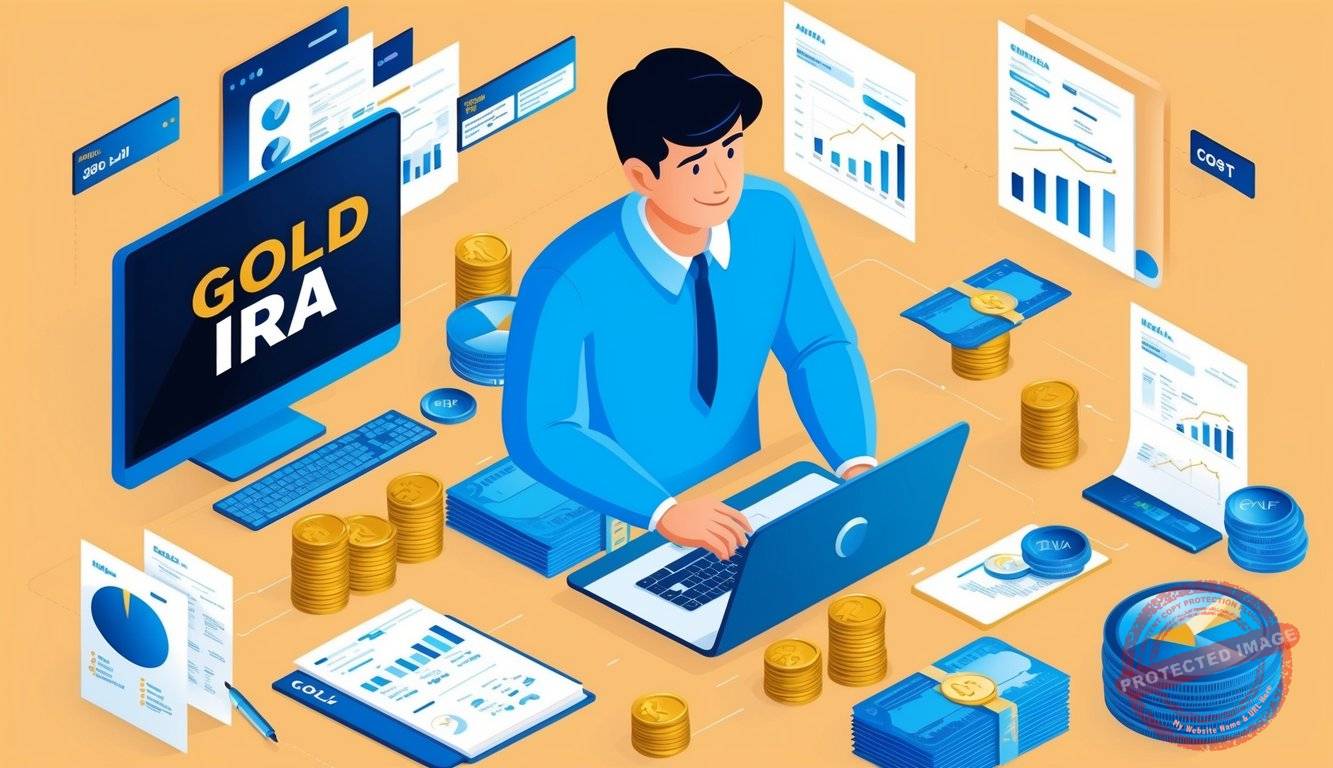A person researching gold IRA investment options, surrounded by financial documents and a computer, contemplating the cost