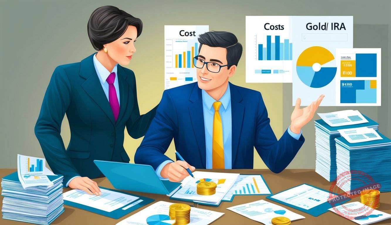 A person consulting with a financial advisor, surrounded by documents and charts, with a focus on gold IRA costs and legal/tax implications