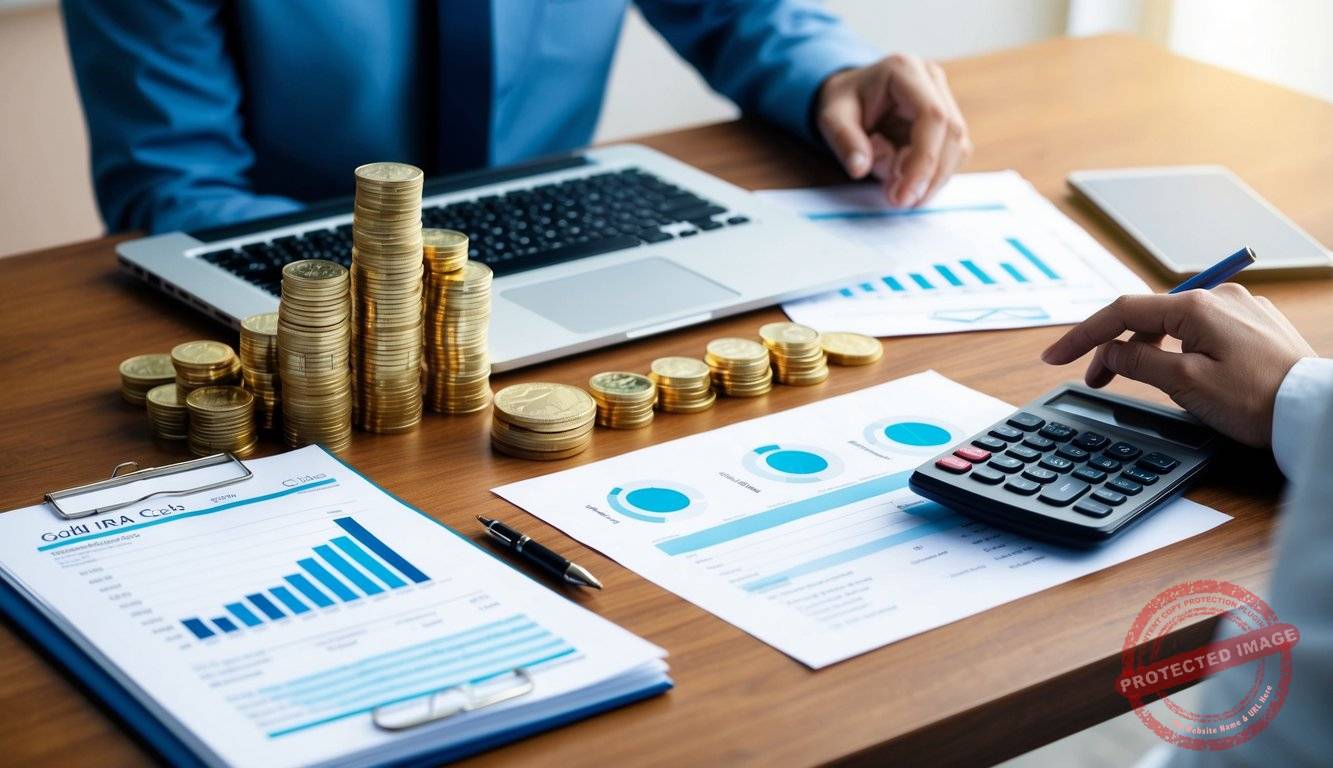 A table with a laptop, financial documents, and a calculator. A stack of gold coins and bars on the table. A person researching Gold IRA costs
