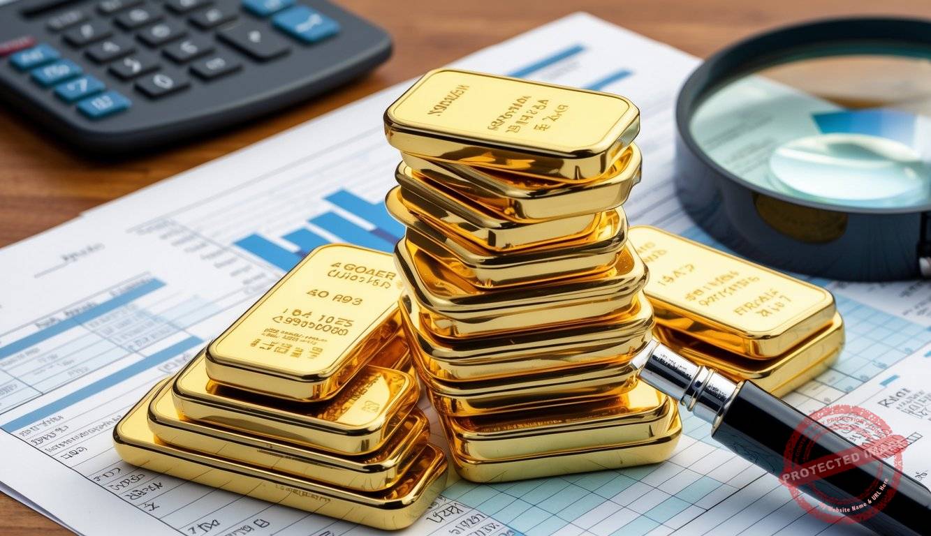 A stack of gold coins and bars surrounded by financial documents and calculators, with a magnifying glass examining the details