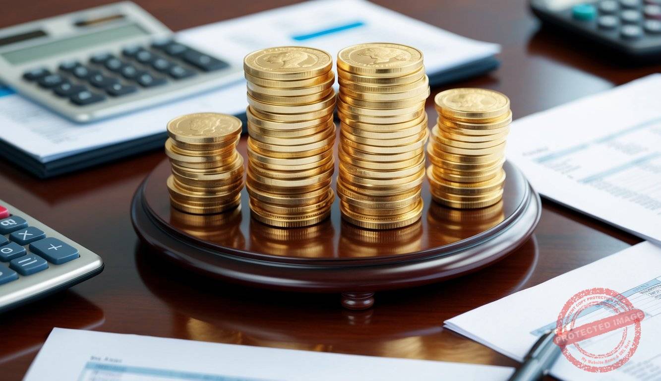 A stack of gold coins and bars arranged on a polished wooden table, surrounded by financial documents and a calculator