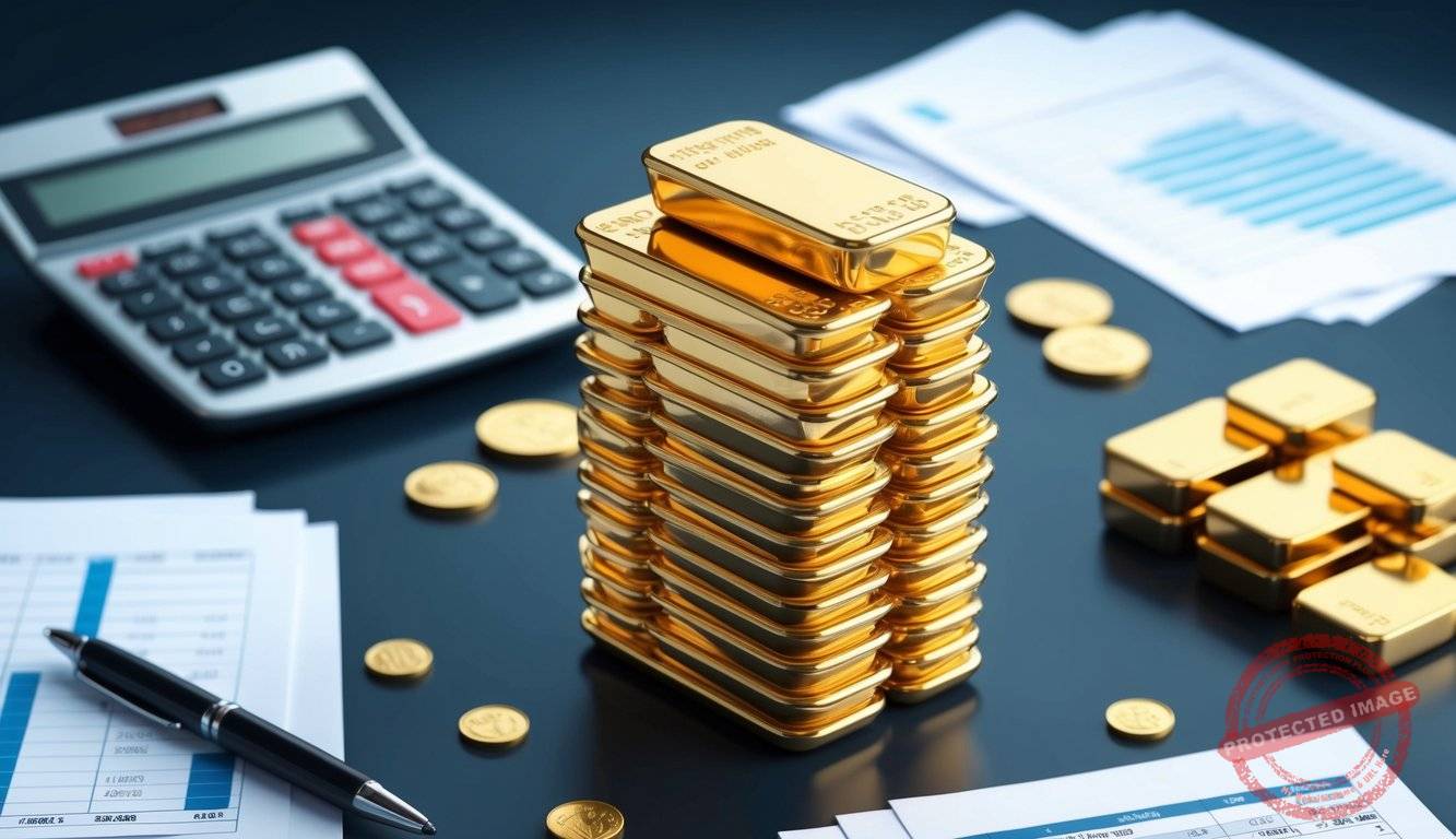 A stack of gold coins and bars arranged on a dark background, with a calculator and financial documents scattered around