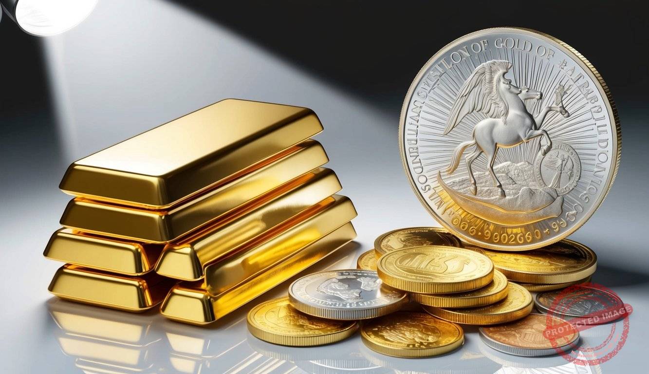 A stack of shiny gold bullion bars next to a collection of rare numismatic coins, both gleaming under a spotlight
