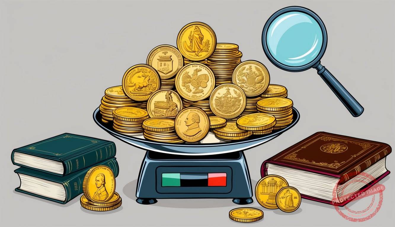 A pile of gold bullion and numismatic coins on a scale, with a magnifying glass and historical books nearby