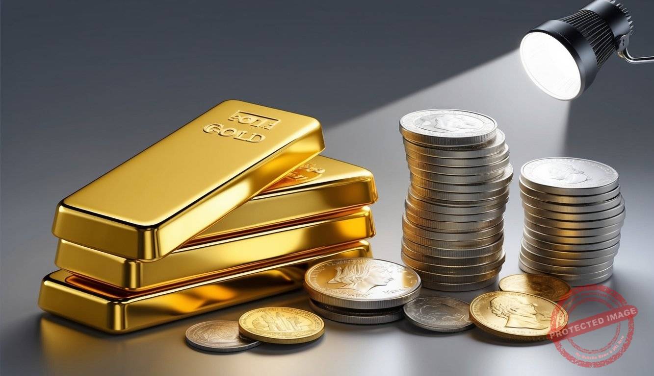 A stack of gold bullion bars next to a collection of numismatic coins, with a spotlight shining on them, highlighting their value and potential investment perspectives