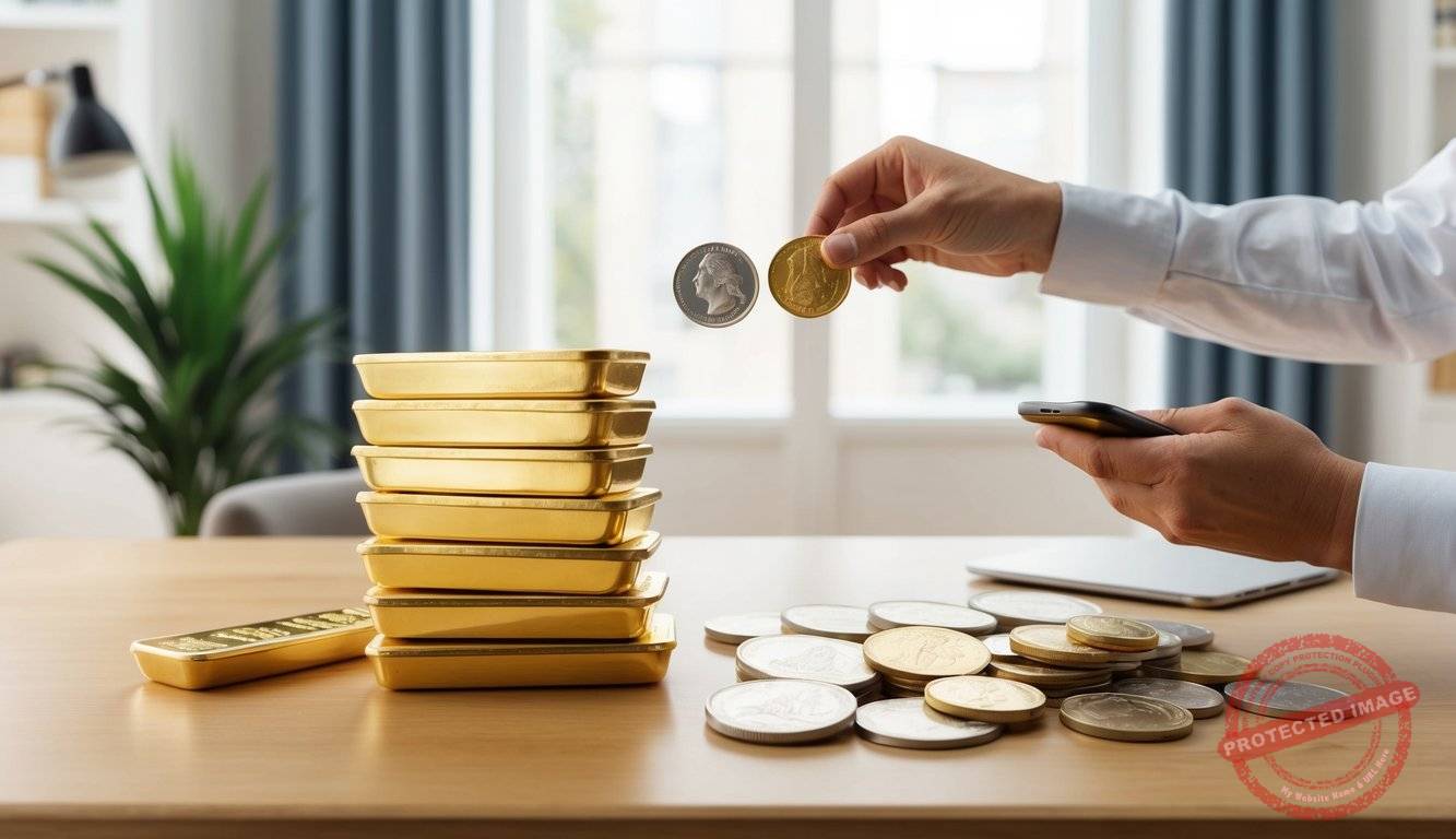 A person comparing a stack of gold bullion bars with a collection of numismatic coins on a table in a well-lit room
