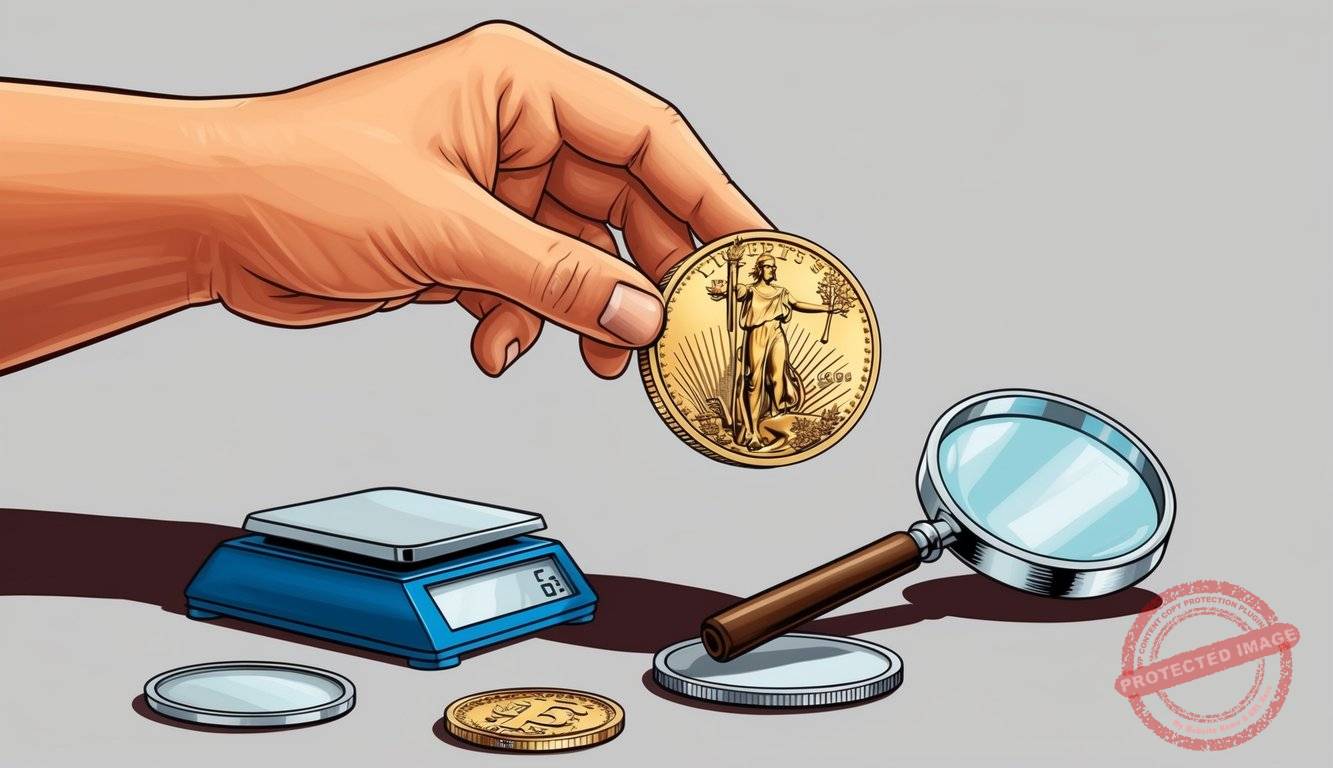 A hand holding a gold bullion and a numismatic coin, with a scale and magnifying glass nearby for comparison