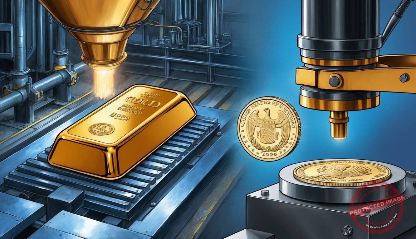 A gold bullion bar being cast in a foundry, while a numismatic coin is being struck in a minting press