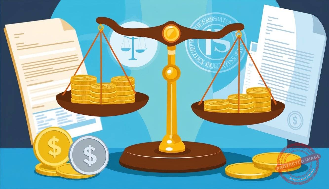 A scale weighing gold bullion and numismatic coins with legal documents and regulations in the background