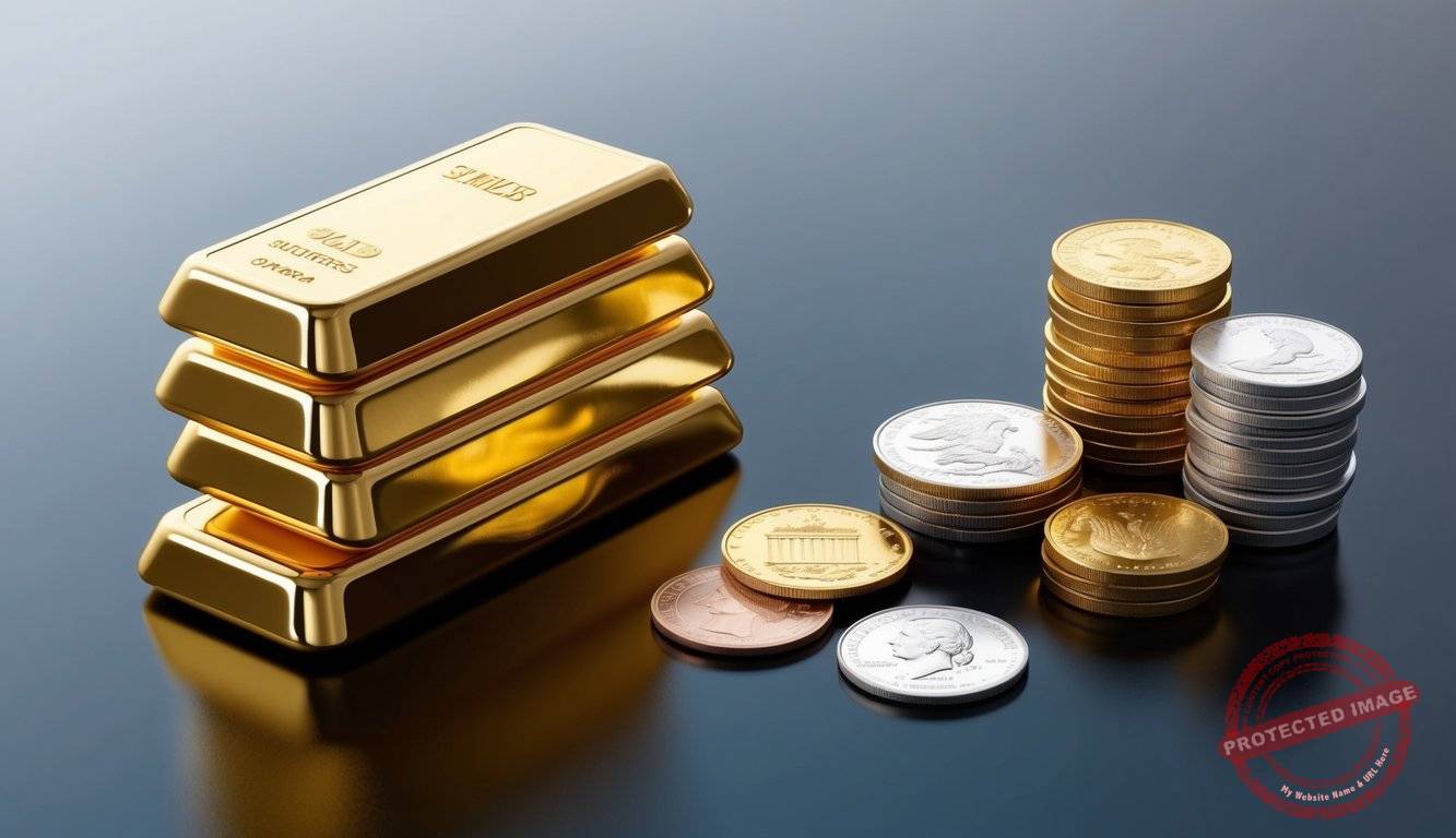A stack of gold bullion bars next to a collection of numismatic coins, all arranged on a sleek, polished surface