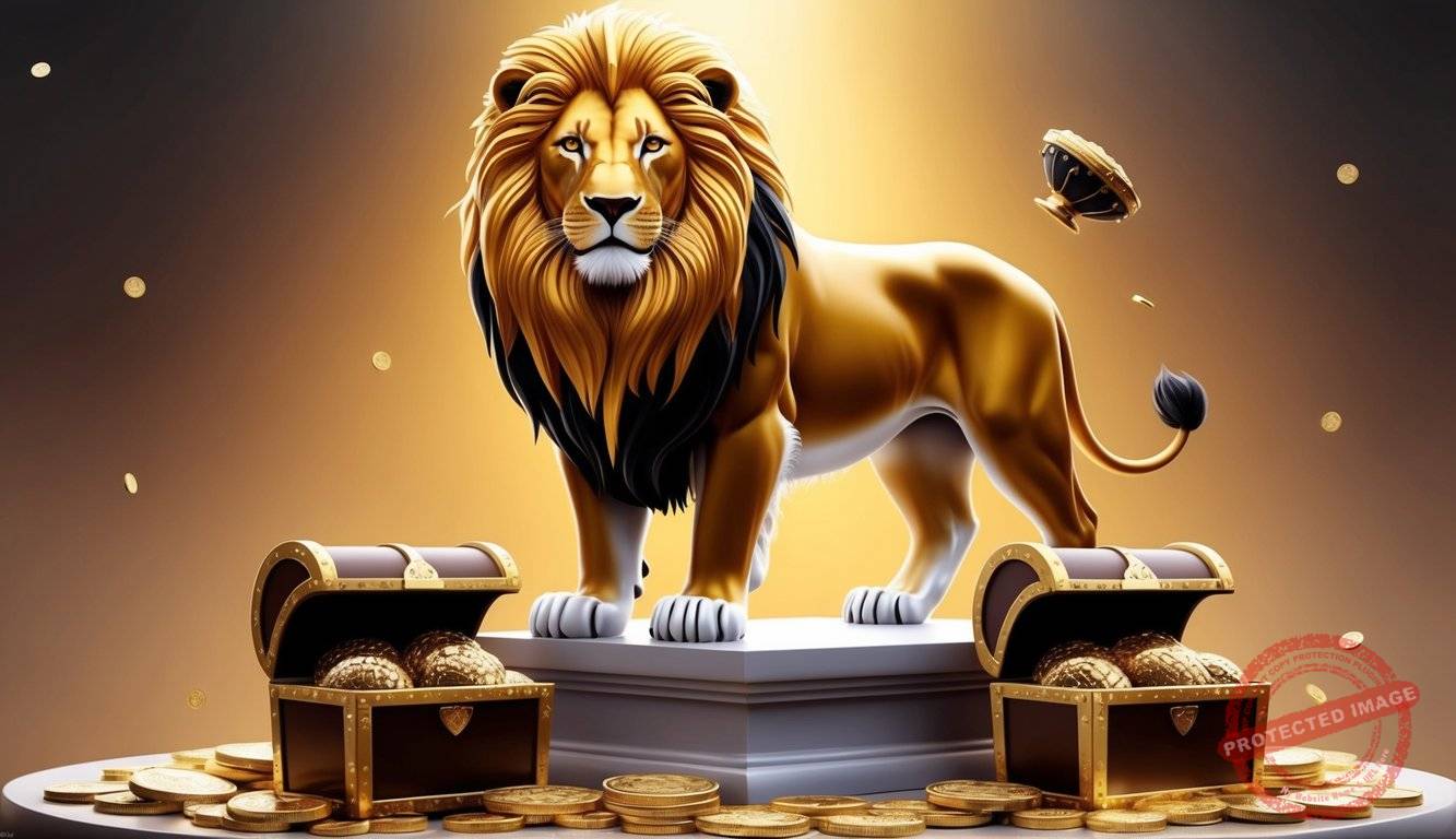 A regal lion with a golden mane stands proudly on a pedestal, surrounded by shimmering coins and treasure chests