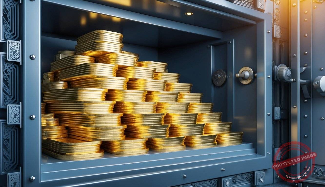 A gleaming stack of gold coins and bars, nestled in a secure vault surrounded by intricate security measures