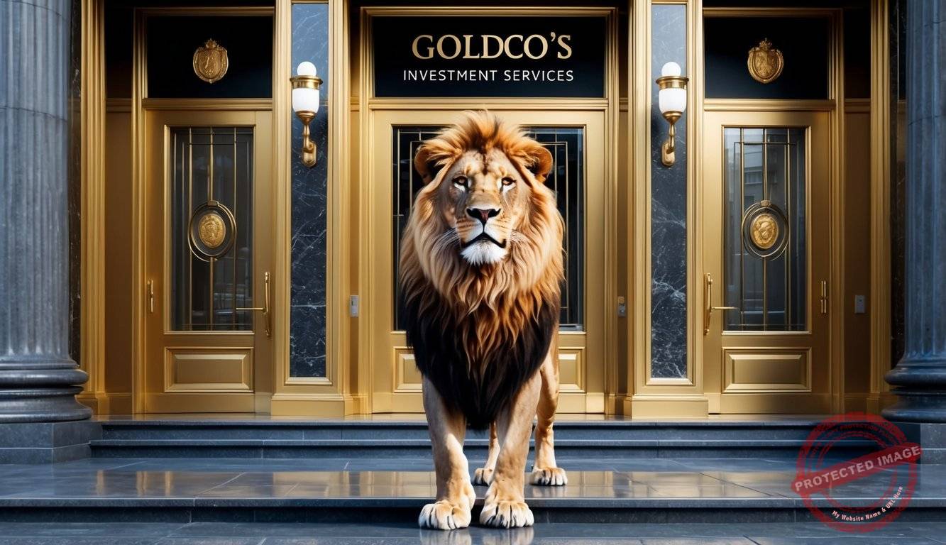 A regal lion stands proudly in front of a grand, gilded entrance to Goldco's Investment Services, exuding strength and confidence