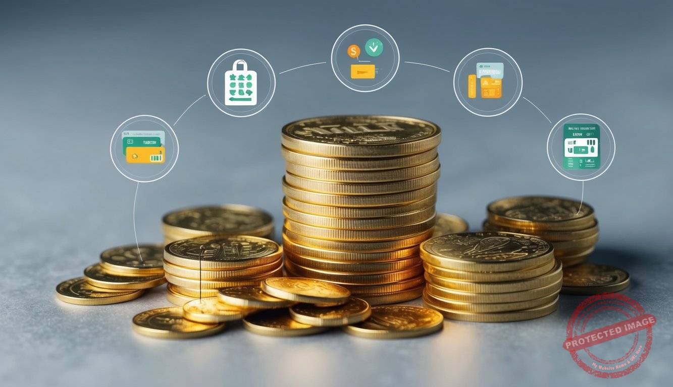 A stack of gold coins surrounded by various fees and charges icons