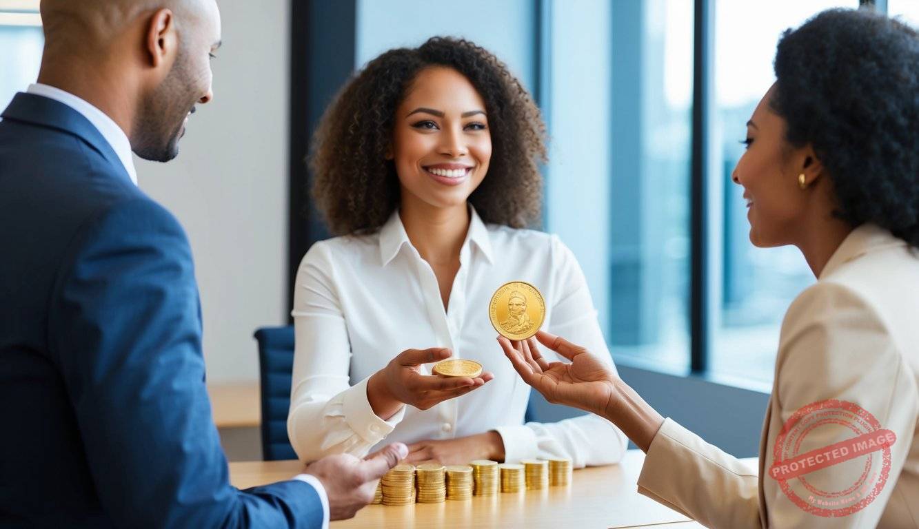 A customer smiling while receiving a shiny gold coin from a representative at a Goldco office