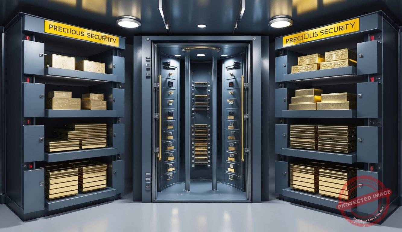 A high-security vault with multiple layers of protection and various storage options for precious metals and valuables