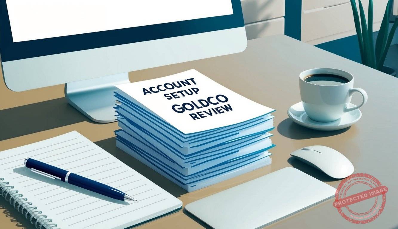 A desk with a computer, notebook, and pen. A stack of papers labeled "Account Setup Goldco Review" sits next to a cup of coffee