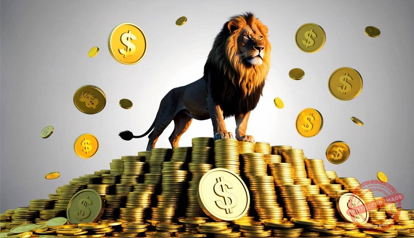 A regal lion stands proudly atop a mountain of gleaming gold coins, surrounded by symbols of wealth and prosperity
