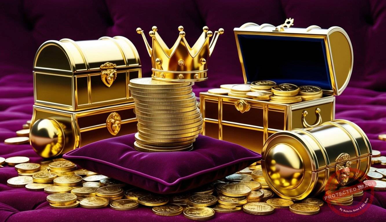 A stack of gold coins surrounded by shining treasure chests and a golden crown on a velvet pillow